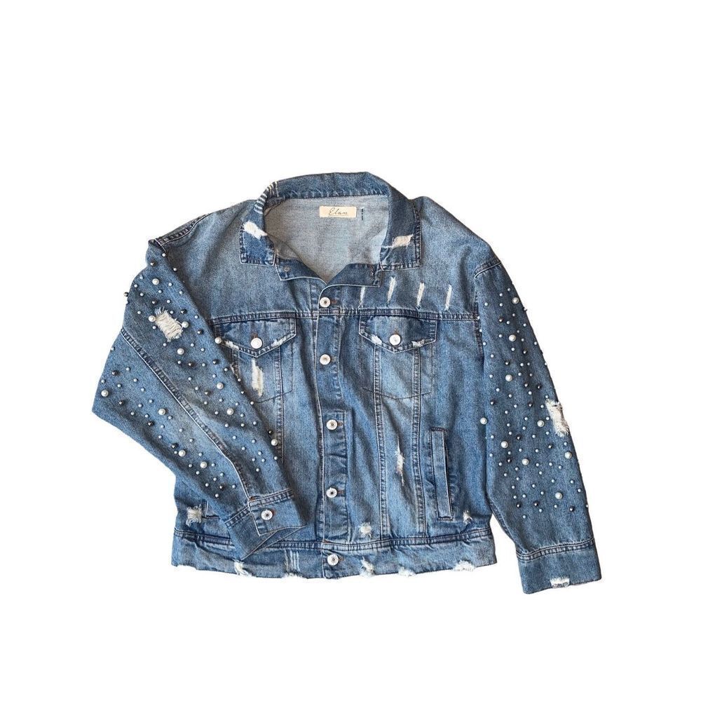 Elan Distressed Blue Denim Jacket with Pearl Embellishments - Picture 8 of 14